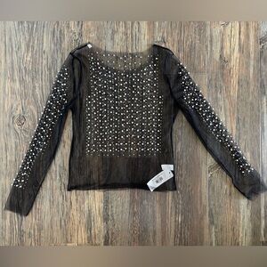 NWT Uptowne Loft Black Sheer Mesh Rhinestone Pearl Embellished L/S Top Womens XL